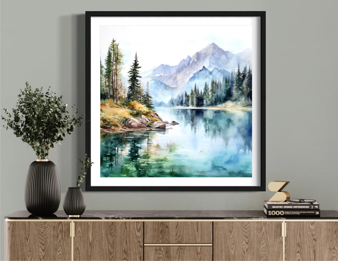 Alpine Lake Mirror Reflection Pine Forest Mountains Watercolor Poster - Image 2