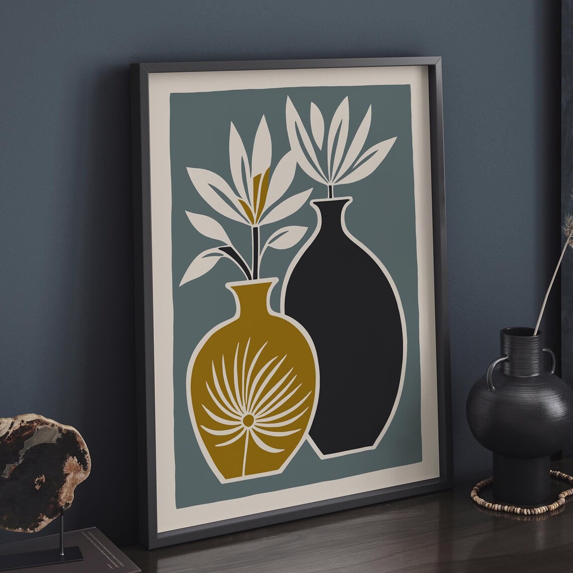 Scandinavian Minimalist Mustard and Black Vases Botanical Poster - Image 6