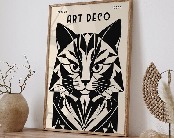 Vintage 1920s French Art Deco Cat Poster Black White Geometric Feline Wall Art Retro Parisian Home Decor Unique Luxury Gift Idea