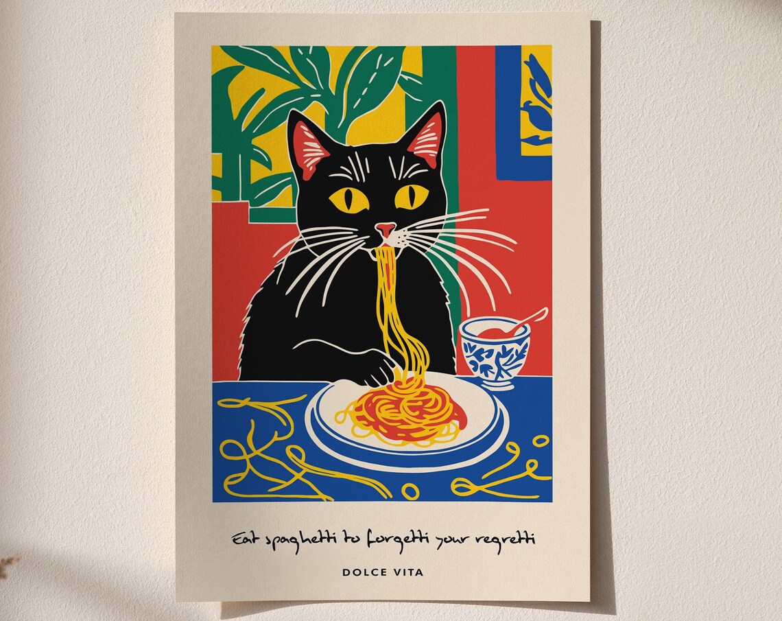 Black Cat Eating Spaghetti Funny Dolce Vita Kitchen Quote Poster