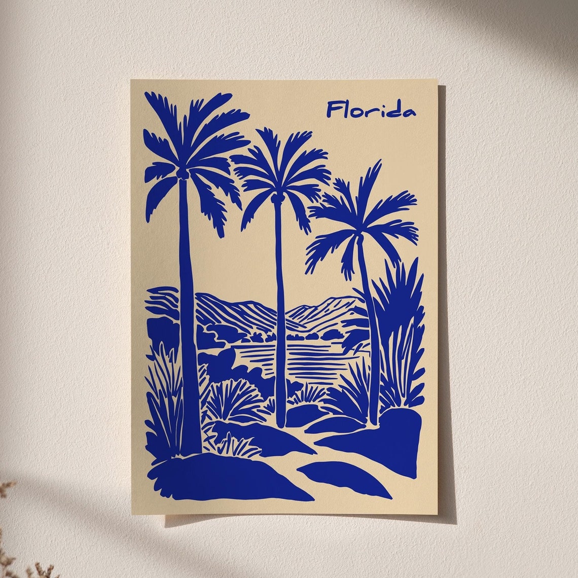 Vintage Florida Palm Trees Blue Linocut Beach Poster On Cream