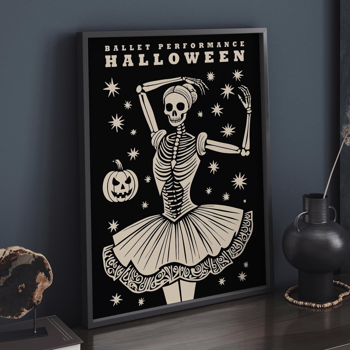 Vintage Halloween Ballet Performance Black Skeleton Dancer Poster