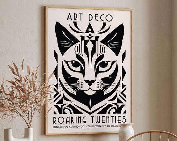 Art Deco Roaring Twenties Cat Poster Black White Geometric Feline Art Retro 1920s Print Exhibition Print Home Decor For Cat Lovers