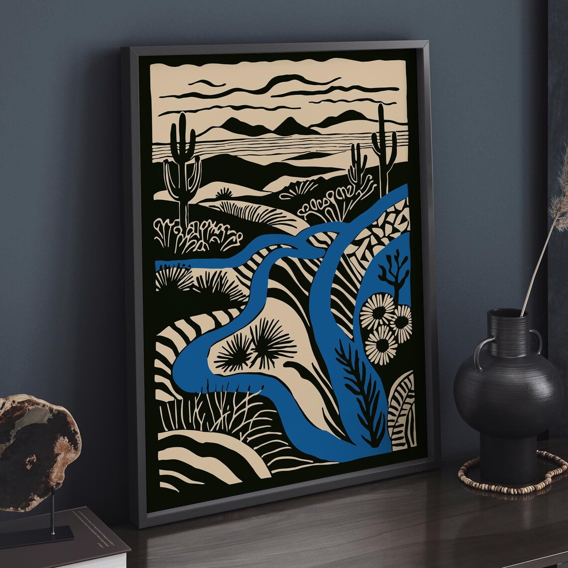 Linocut Blue River Saguaro Cactus Bold Desert Landscape Poster - Image 6