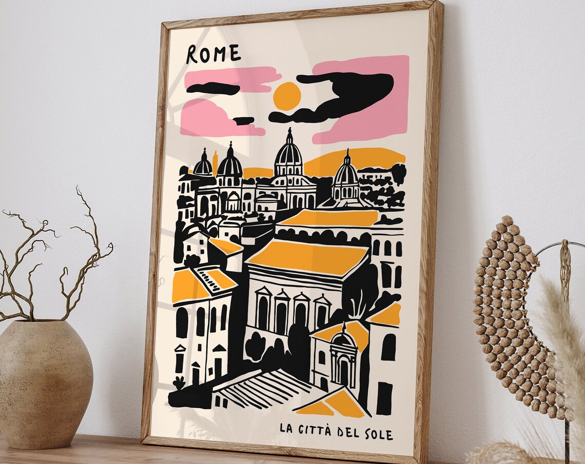 Rome La Città del Sole Domes Cityscape Retro Travel Art Poster