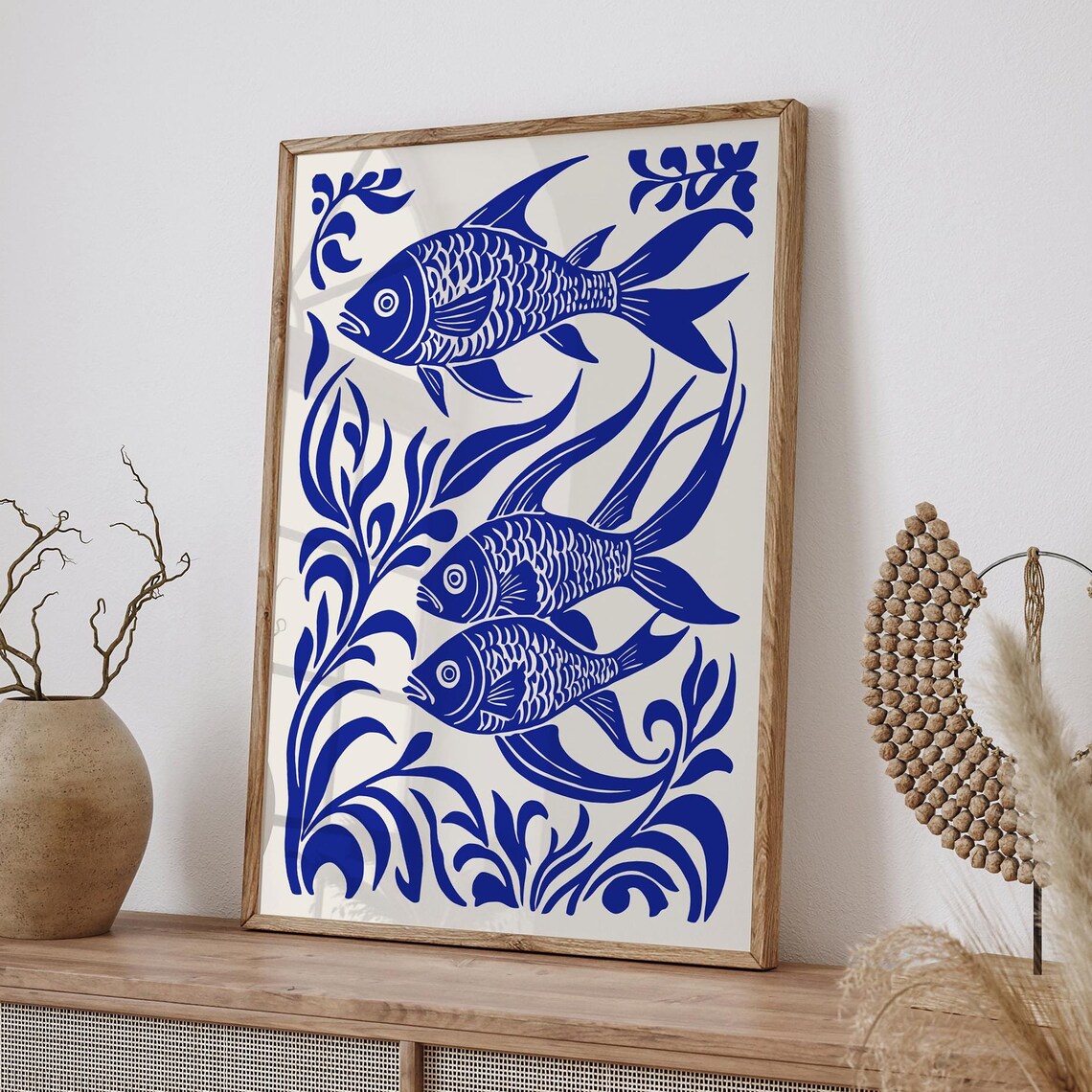 Blue Folk Fish Three Fishes Swimming Among Seaweed Art Poster - Image 6