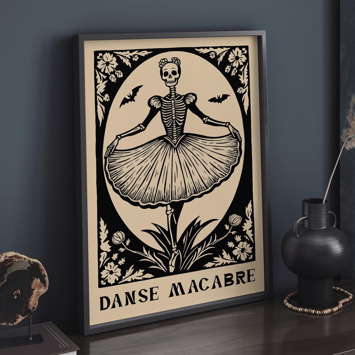 Danse Macabre Black Cream Skeleton Ballerina Woodcut Art Poster