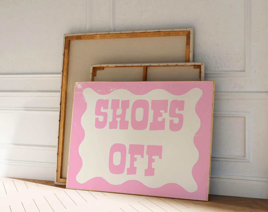 Adorable Shoes Off Pink Retro Wavy Border Entryway Quote Print