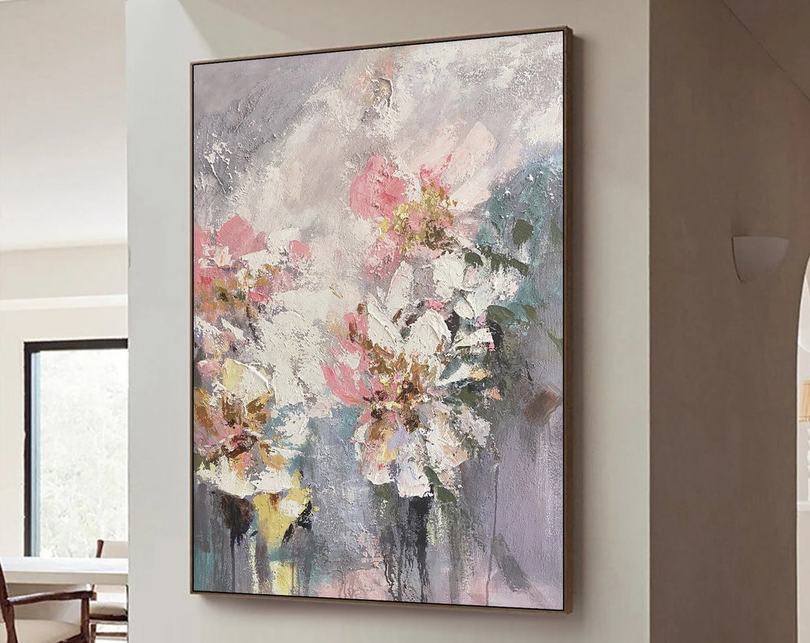 Pink White Impasto Flower Bouquet Abstract Floral Painting Poster - Image 5