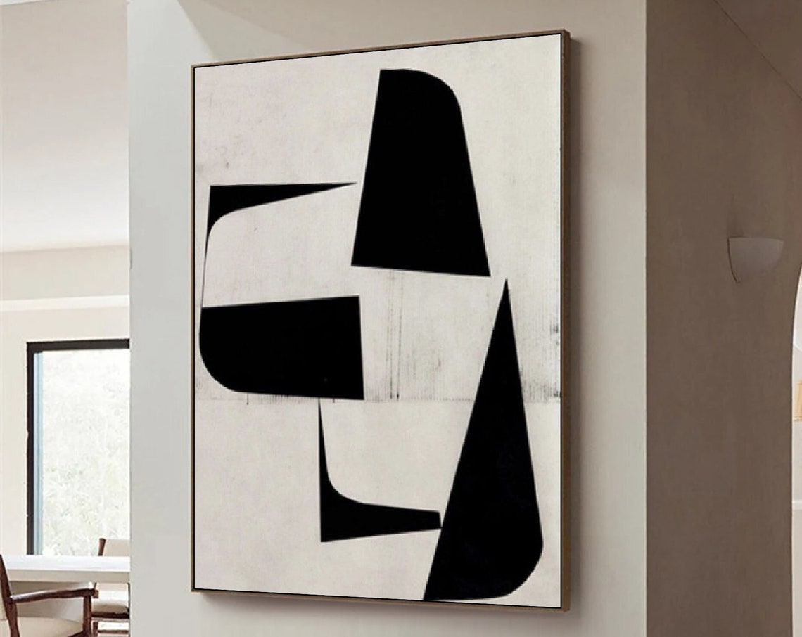 Black Curved Geometric Shapes on White Bold Minimalist Abstract Poster