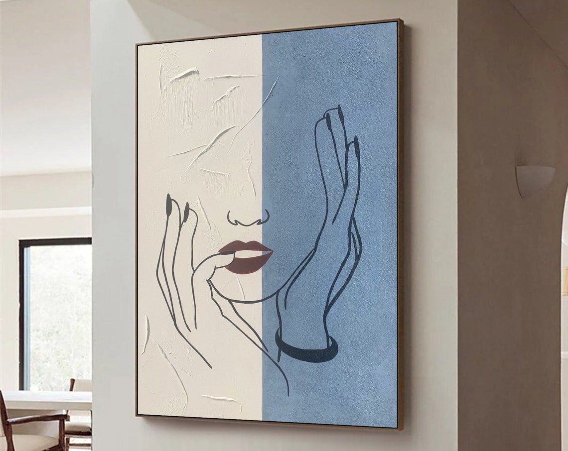Minimalist Line Art Woman Face with Red Lips on Two Tone Blue Poster