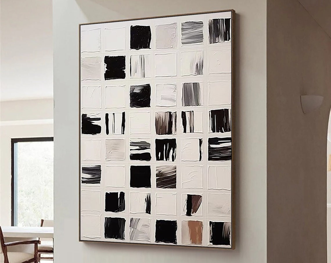Black White Gray Brushstroke Grid Squares Textured Modern Art Poster