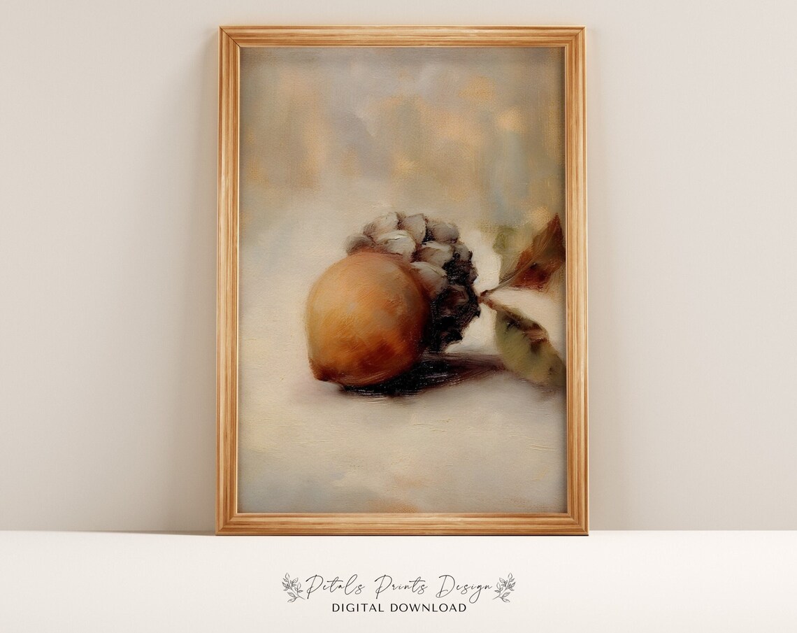 Golden Acorn with Autumn Leaves Oil Painting Still Life Poster