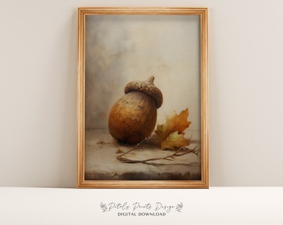 Acorn and Maple Leaf with Twig Rustic Autumn Still Life Poster