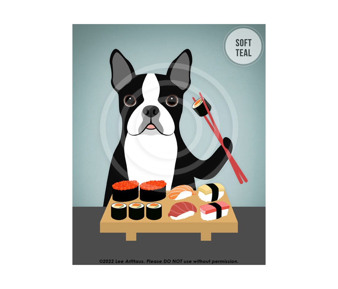 Boston Terrier Eating Sushi Chopsticks Platter Funny Foodie Poster - Image 4