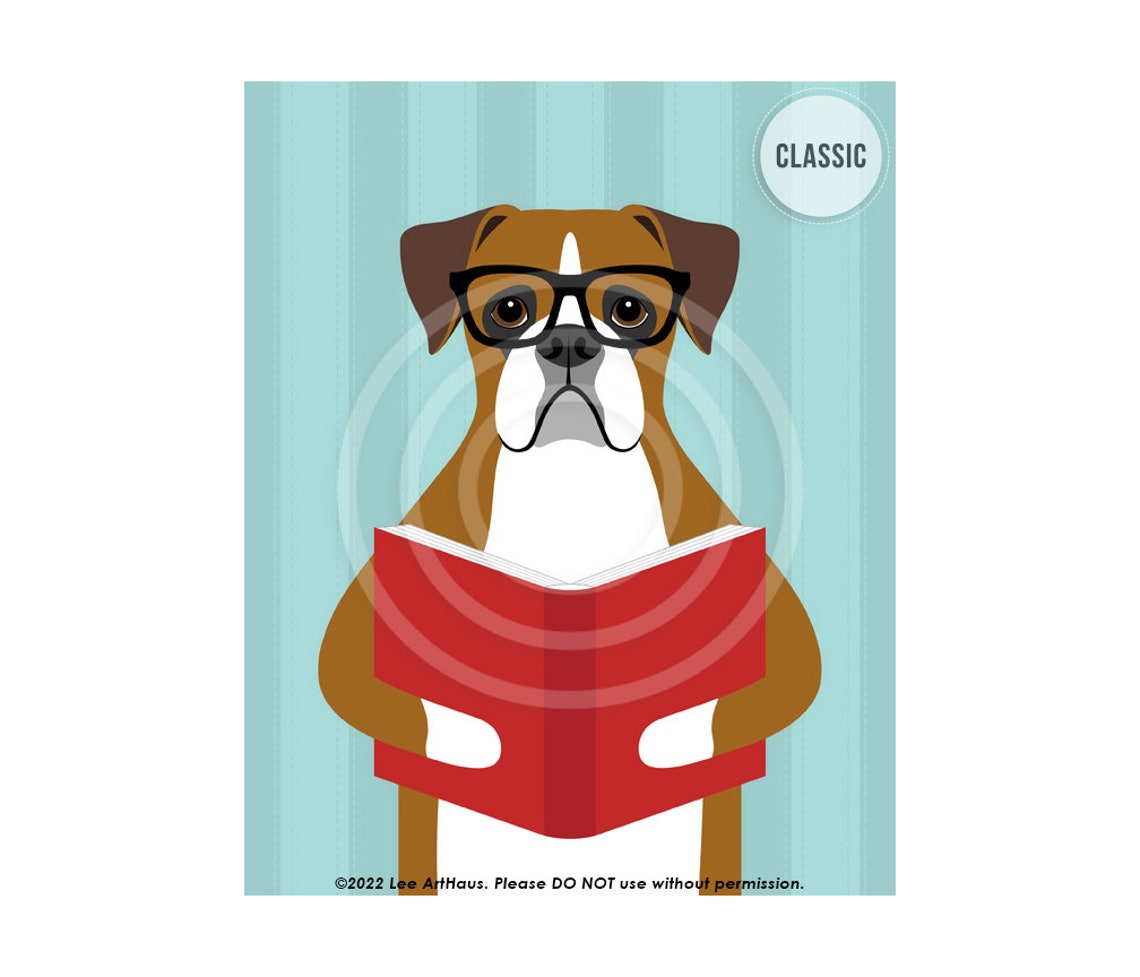 Brown Boxer Dog Wearing Glasses Reading a Red Book Funny Poster
