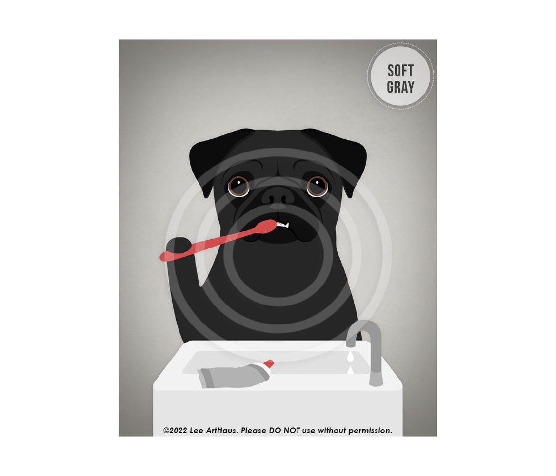Black Pug Brushing Teeth With Red Toothbrush Funny Dog Bath Poster - Image 3