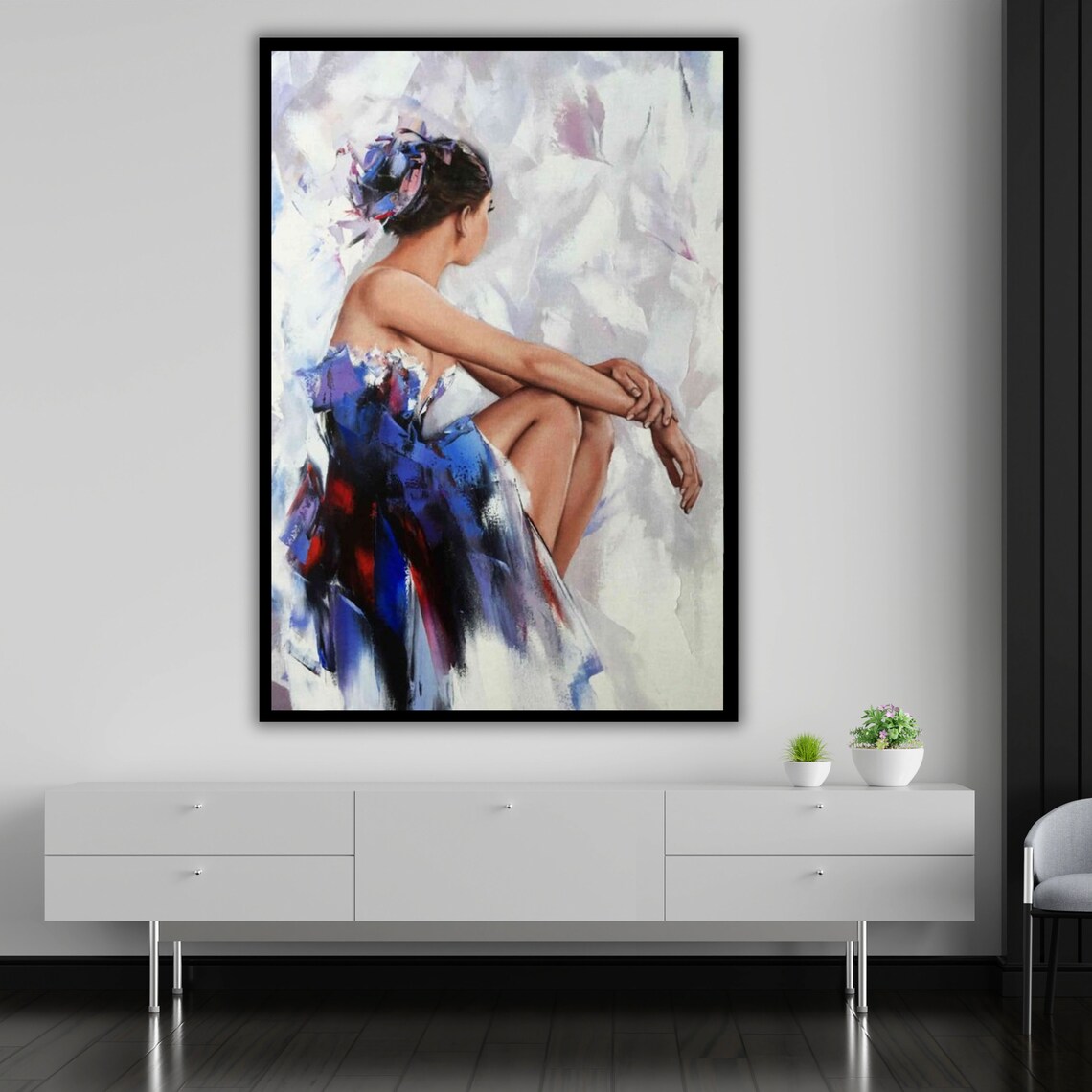 Seated Woman Flowing Blue Dress Soft White Background Elegant Painting Art Print - Image 5