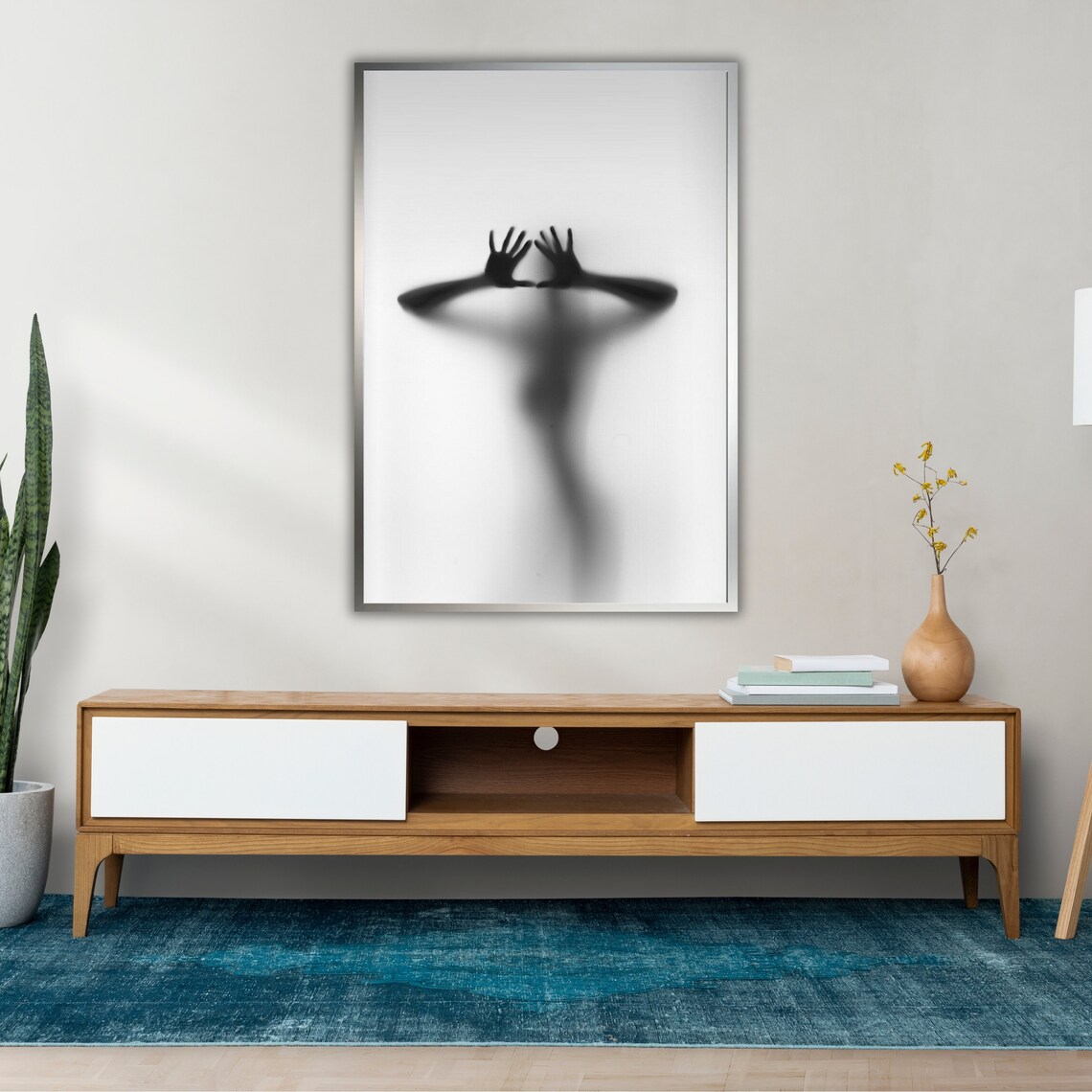 Woman Silhouette Behind Frosted Glass Black And White Photography Poster - Image 2