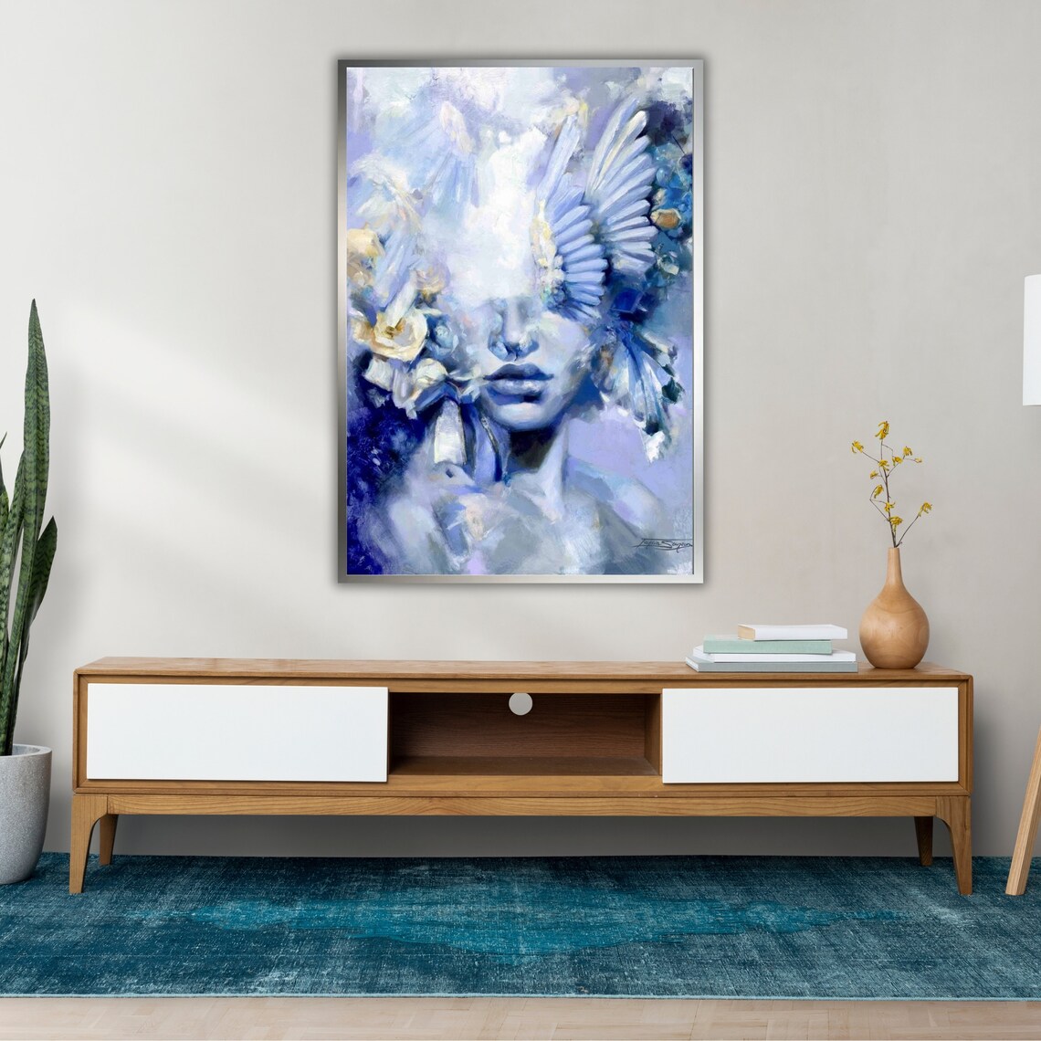 Ethereal Angel Woman With White Feathers Blue Dream Portrait Art Poster - Image 2