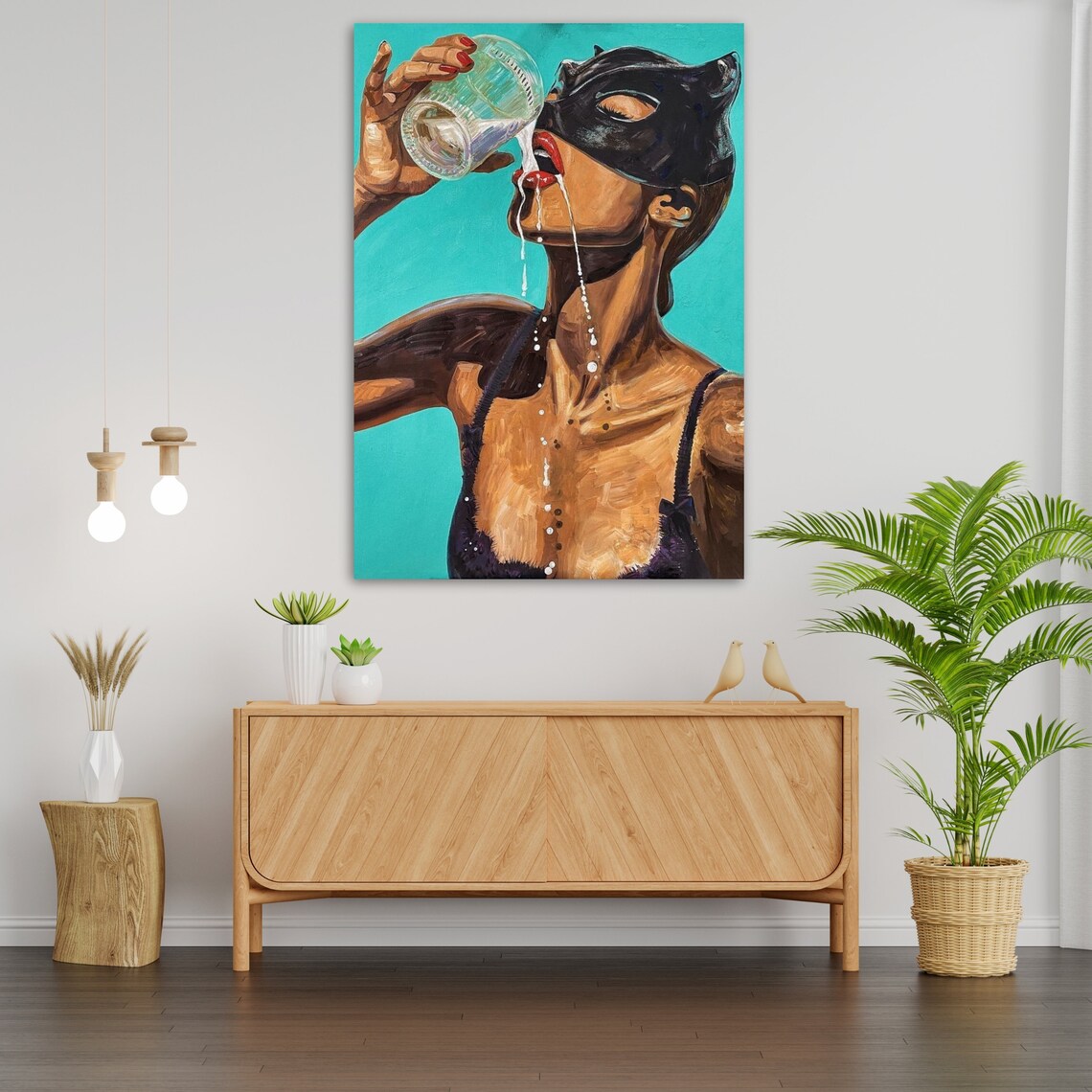 Masked Woman Drinking Milk Pop Art Painting With Cat Mask Turquoise Print - Image 3