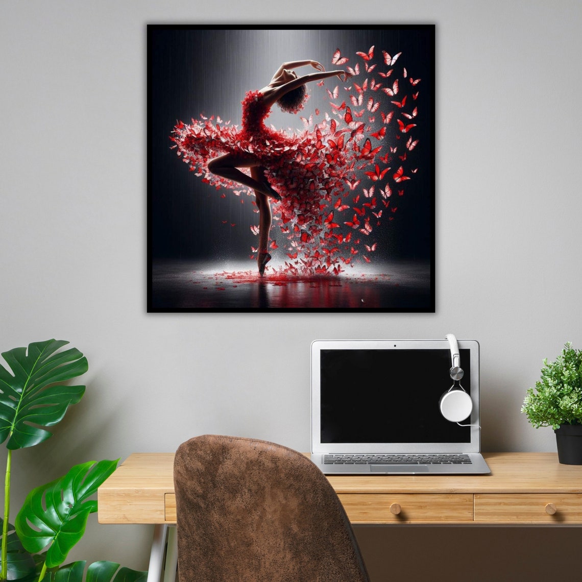 Ballerina Red Butterfly Dress Arabesque Spotlight Dance Wall Art - Image 4
