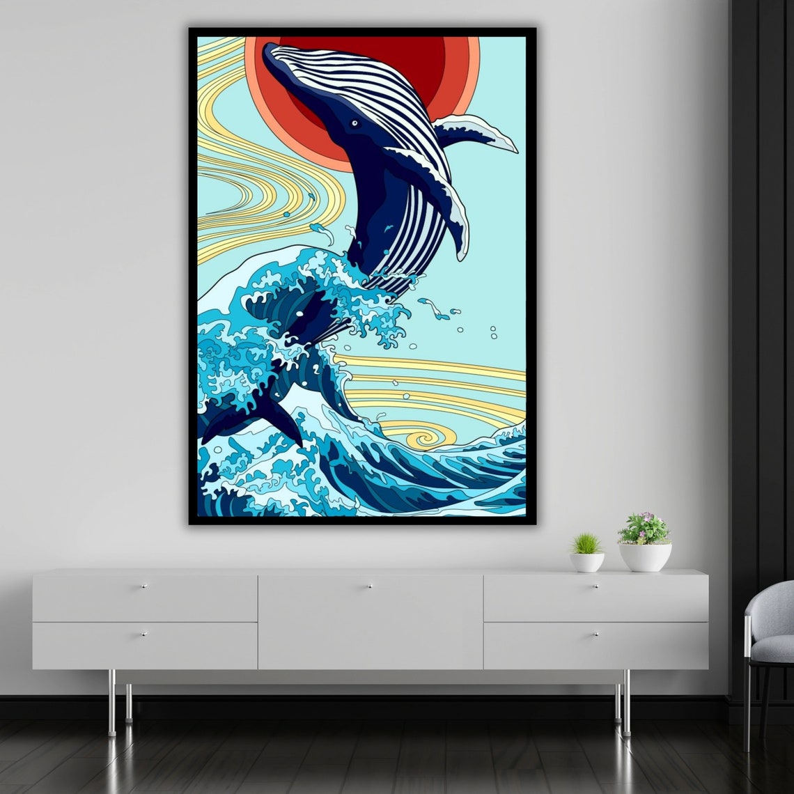 Humpback Whale Breaching Over A Japanese Wave With Red Sun Art Poster - Image 5