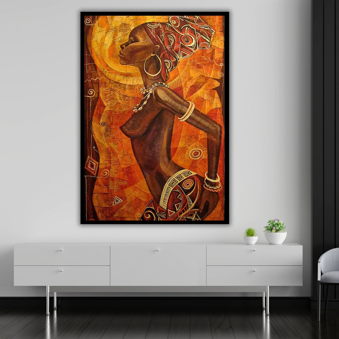 African Woman Portrait In Warm Orange Tones With Headwrap Ethnic Wall Art - Image 5
