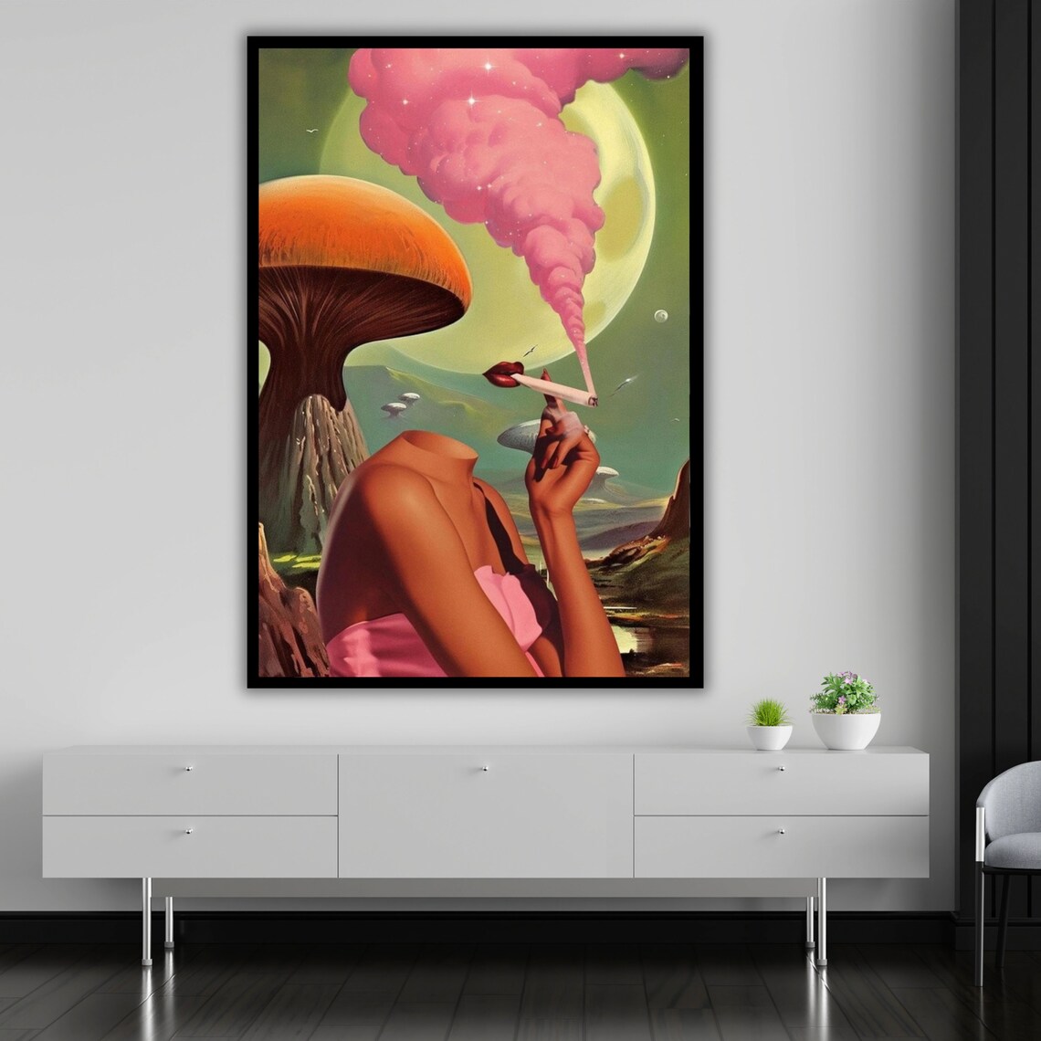 Pop Surrealism Headless Woman Smoking Mushroom Pink Moon Art Print - Image 4