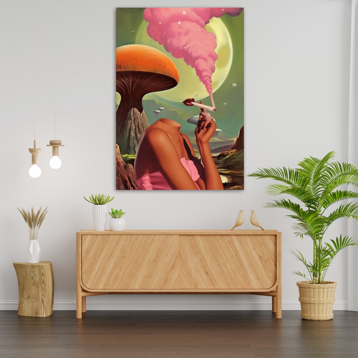 Pop Surrealism Headless Woman Smoking Mushroom Pink Moon Art Print - Image 2