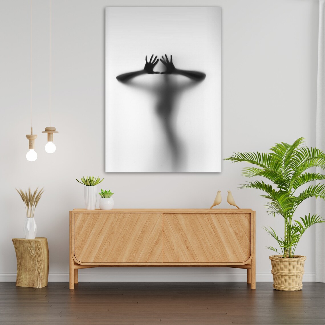 Woman Silhouette Behind Frosted Glass Black And White Photography Poster - Image 3