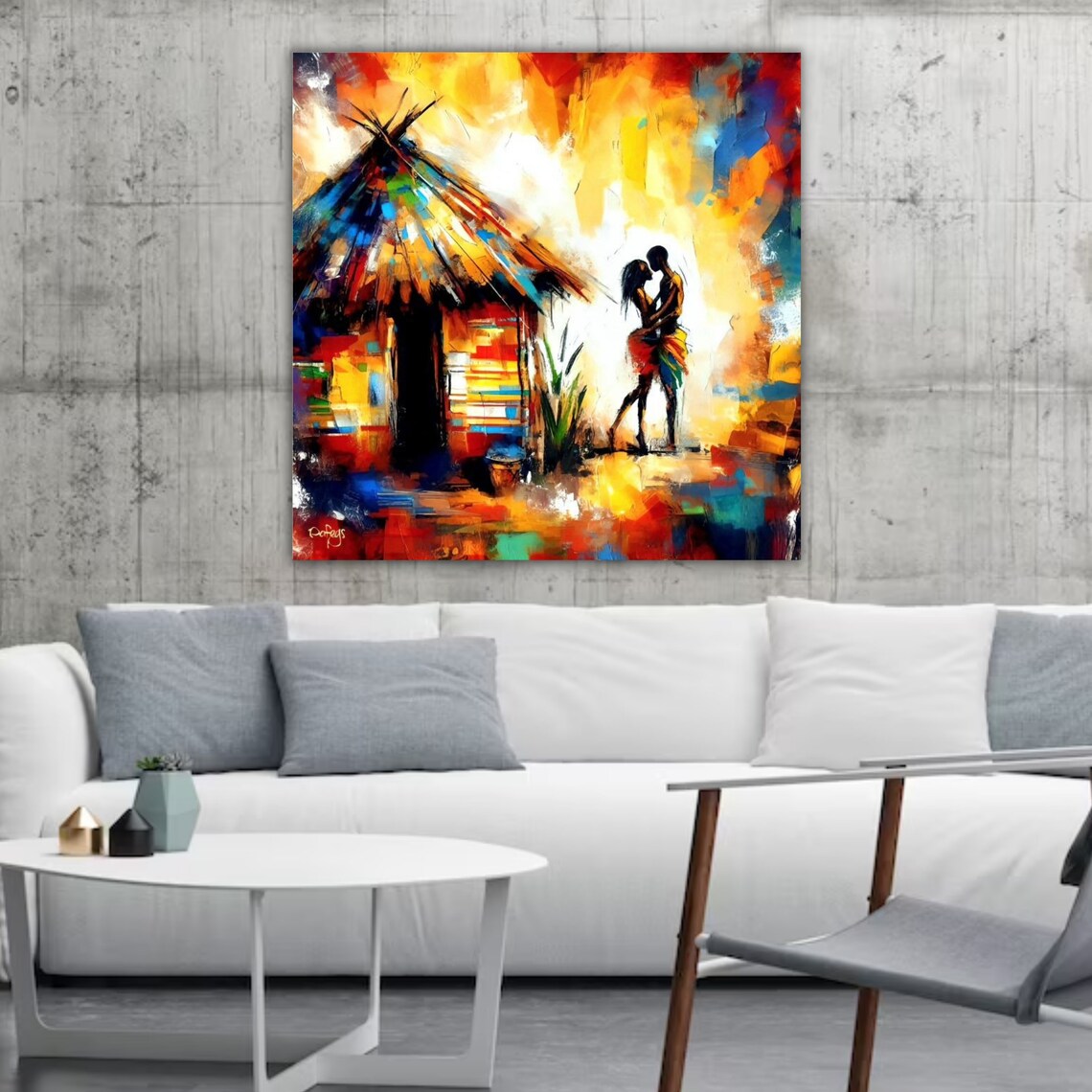 African Village Couple Embrace Colorful Hut Sunset Painting Poster - Image 5