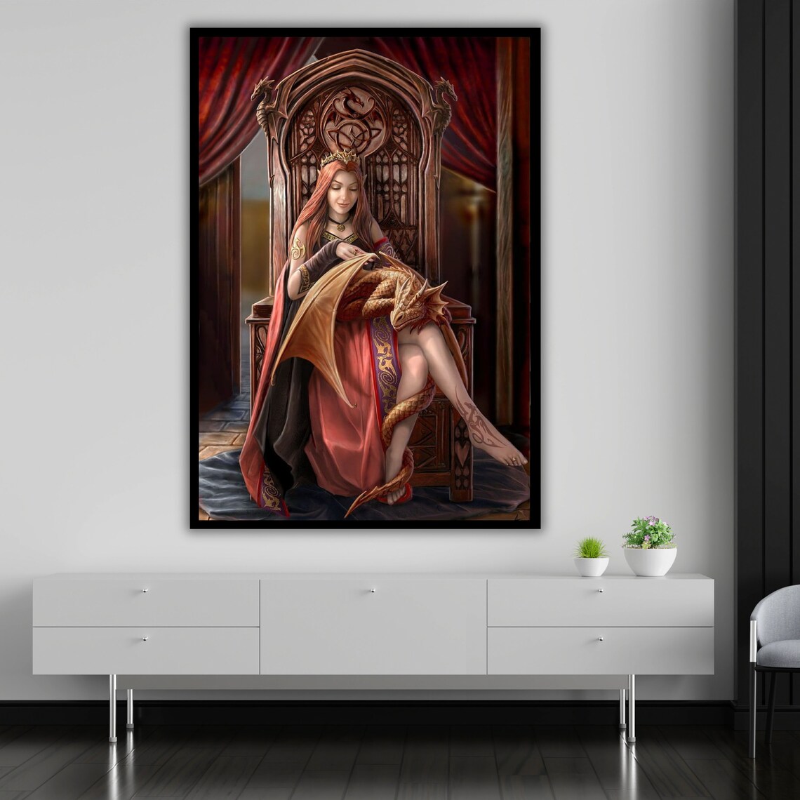 Fantasy Dragon Queen On Gothic Throne Crowned Maiden Enchanted Art Print - Image 2