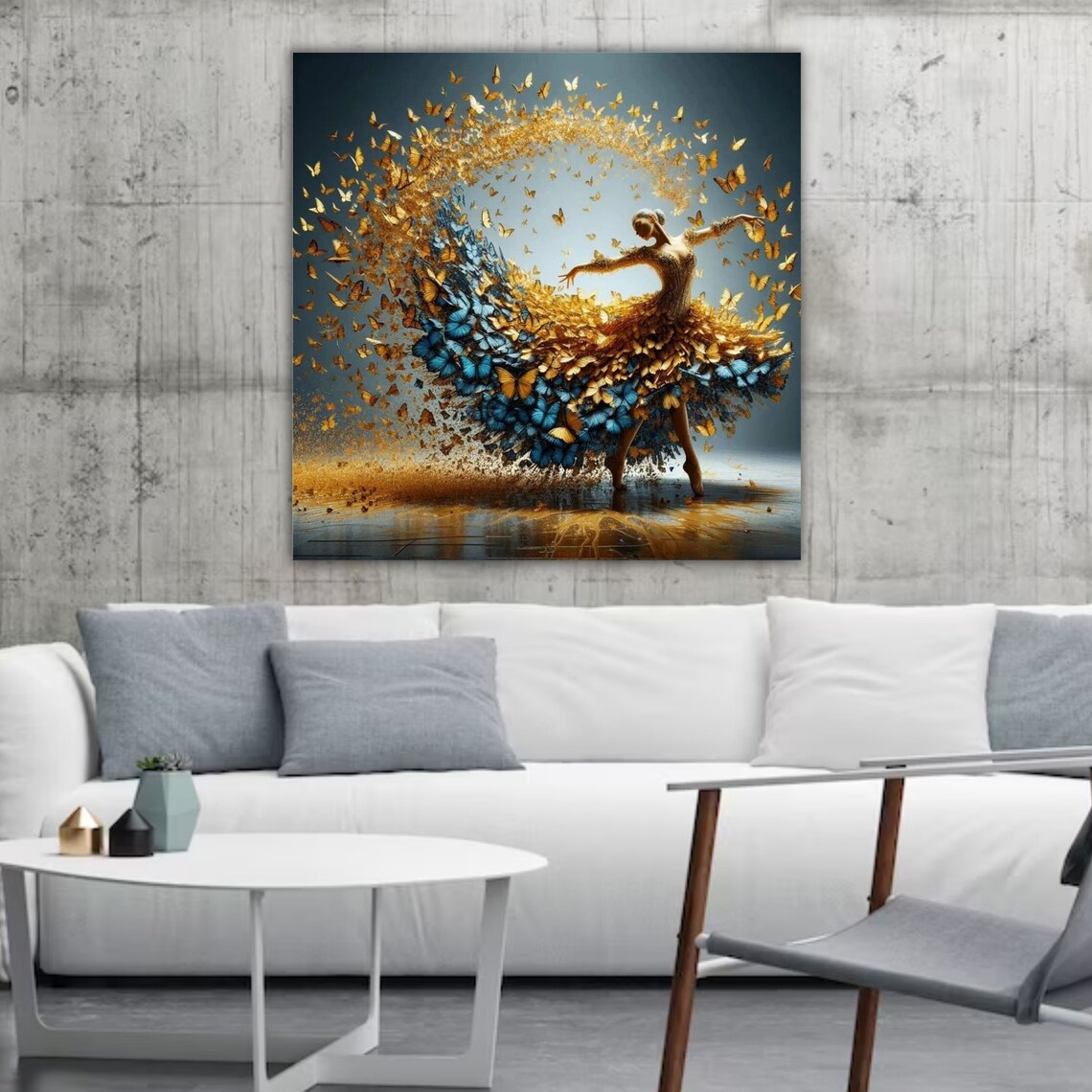 Ballerina Golden Blue Butterfly Swirl Dress Ballet Art Print - Image 5
