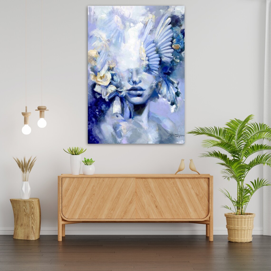 Ethereal Angel Woman With White Feathers Blue Dream Portrait Art Poster - Image 3