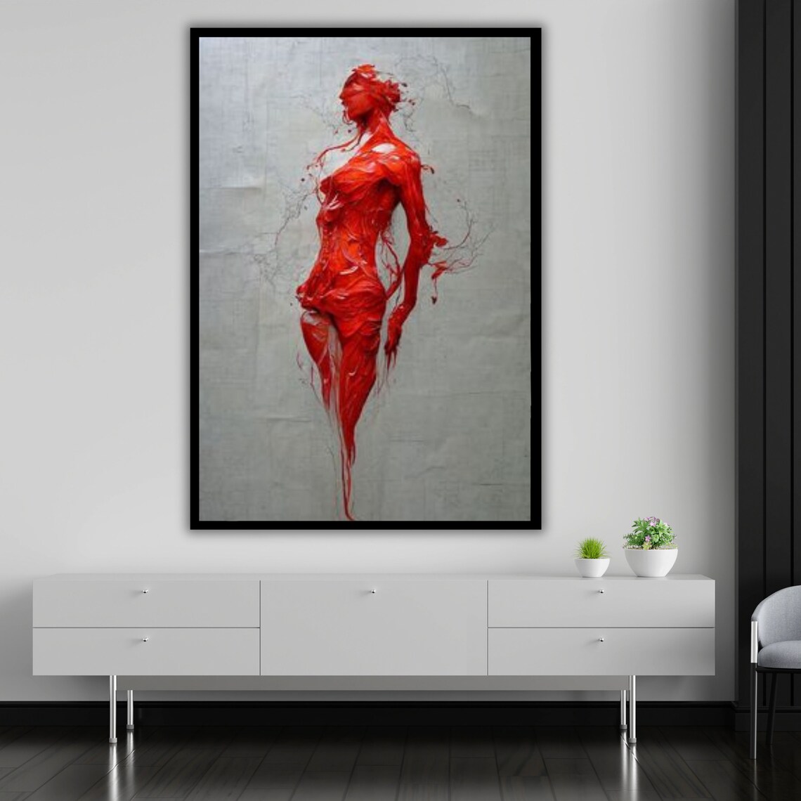 Woman Red Paint Splash Figure Profile Grey Background Expressive Art Print - Image 5