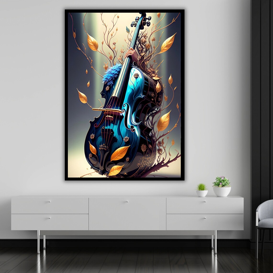 Fantasy Blue Double Bass With Golden Branches And Leaves Music Wall Art - Image 5