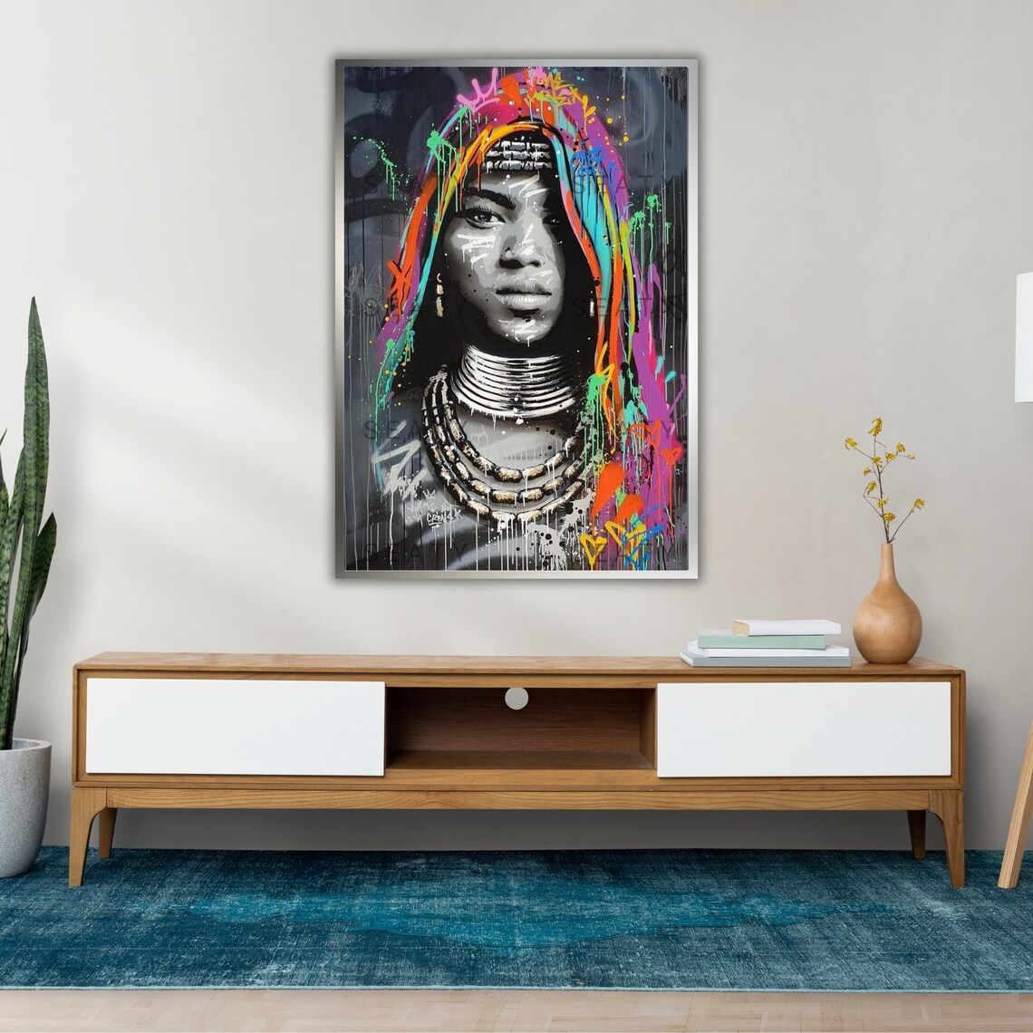 Graffiti Tribal Woman Portrait With Neck Rings Colorful Street Art Poster - Image 2