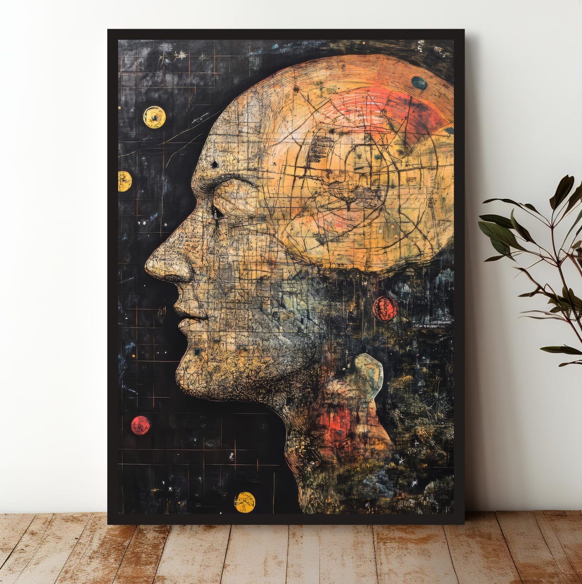 Cosmic Mind Map Head Portrait Surreal Vintage Map Design Art Print