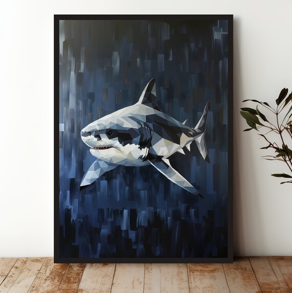 Low Poly Great White Shark Abstract Ocean Geometric Style Poster