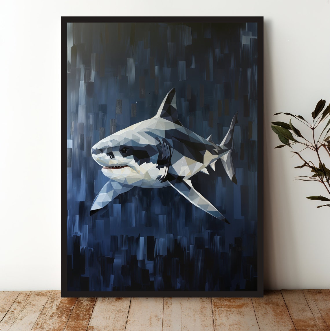 Low Poly Great White Shark Abstract Ocean Geometric Style Poster