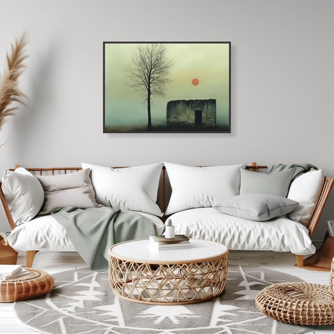Abandoned House Landscape Art Print With Minimalist Tree And Red Sun Atmospheric Rural Wall Decor For Home - Image 2