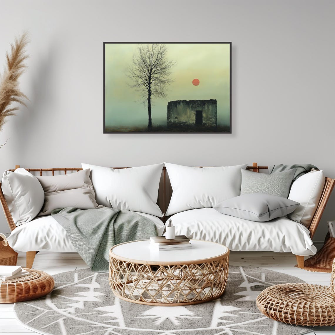 Abandoned Stone Hut Bare Tree Pale Sun Scene Design Art Print - Image 2