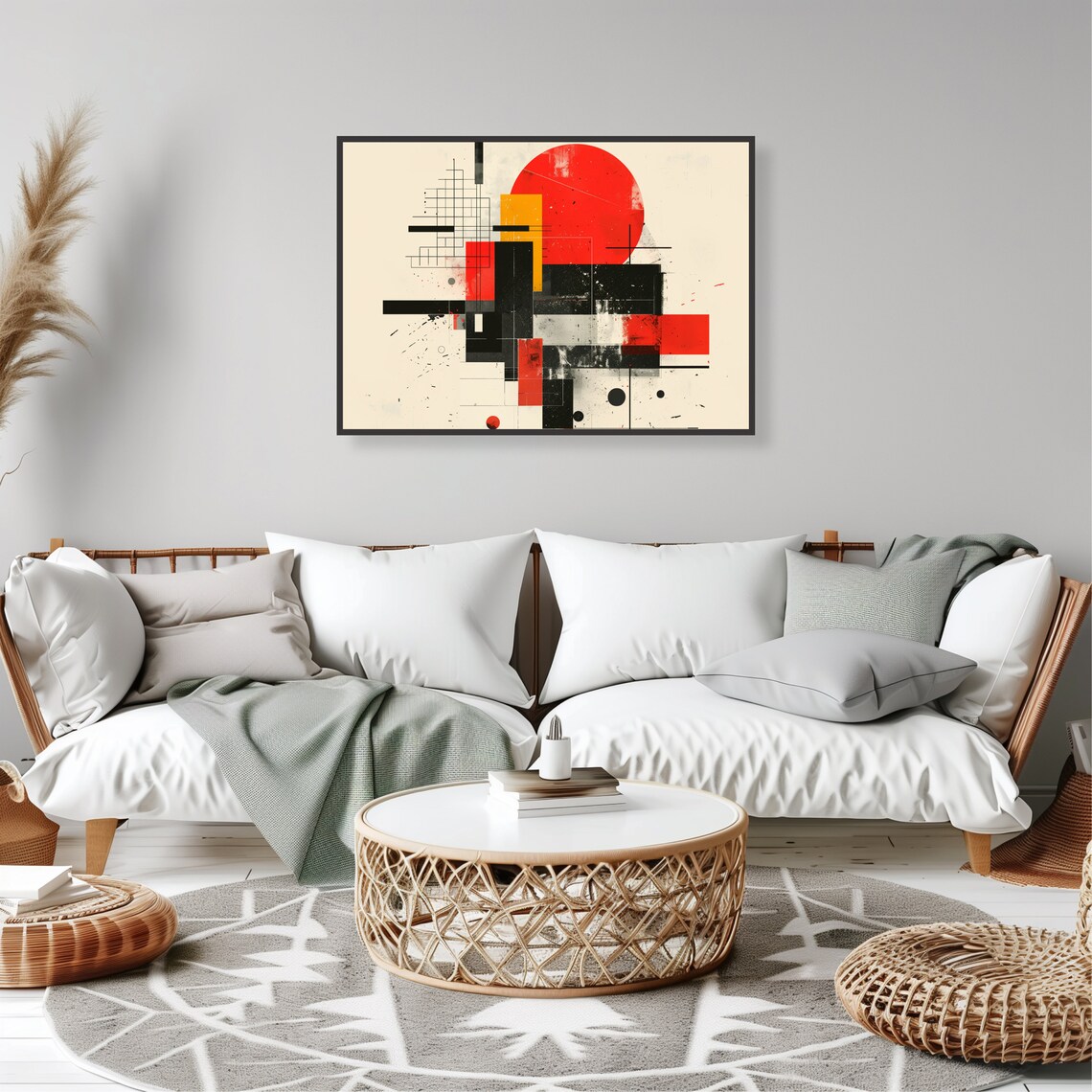 Grunge Red Sun Geometric Abstract Black Cream Modern Art Poster - Image 2
