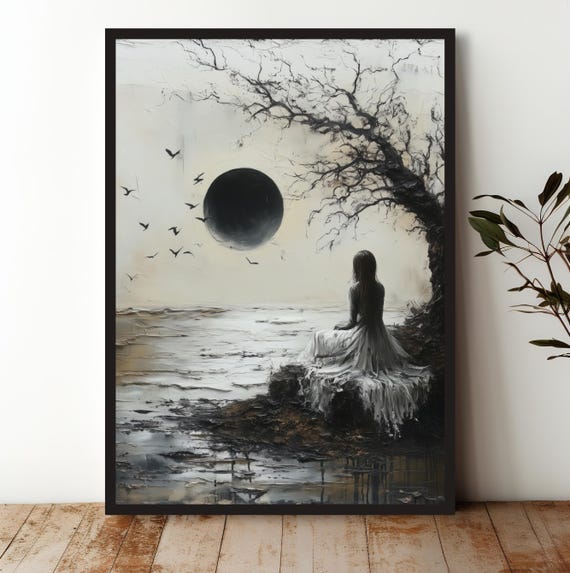 Mystical Night Landscape Art Print Surreal Woman With Black Moon Poster Dark Nature Inspired Wall Art For Home Decor