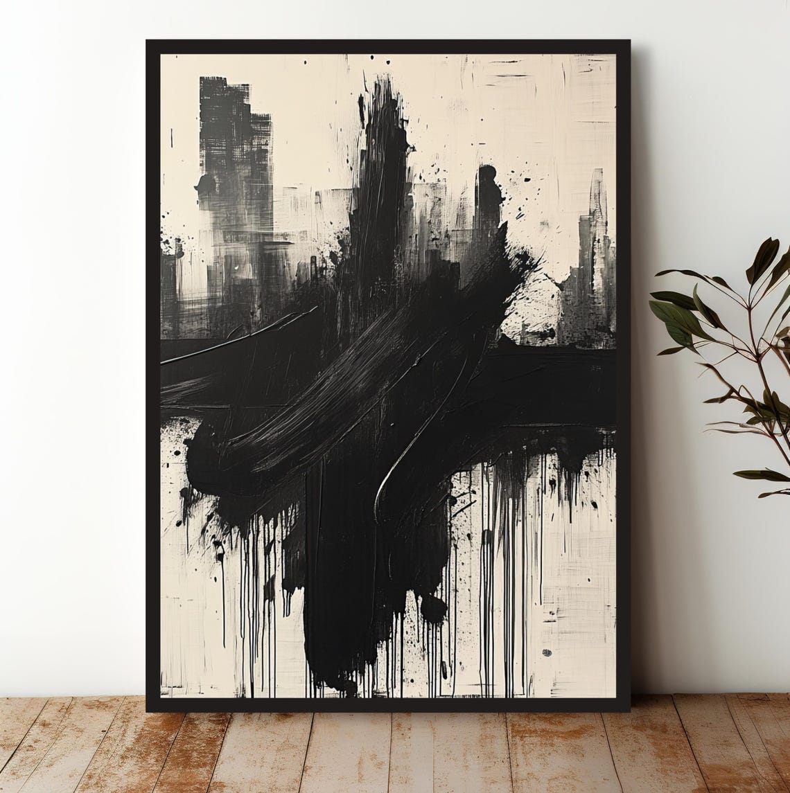 Abstract Black And White Painting With Bold Brush Strokes And Dripping Effect Modern Wall Art For Minimalist Decor