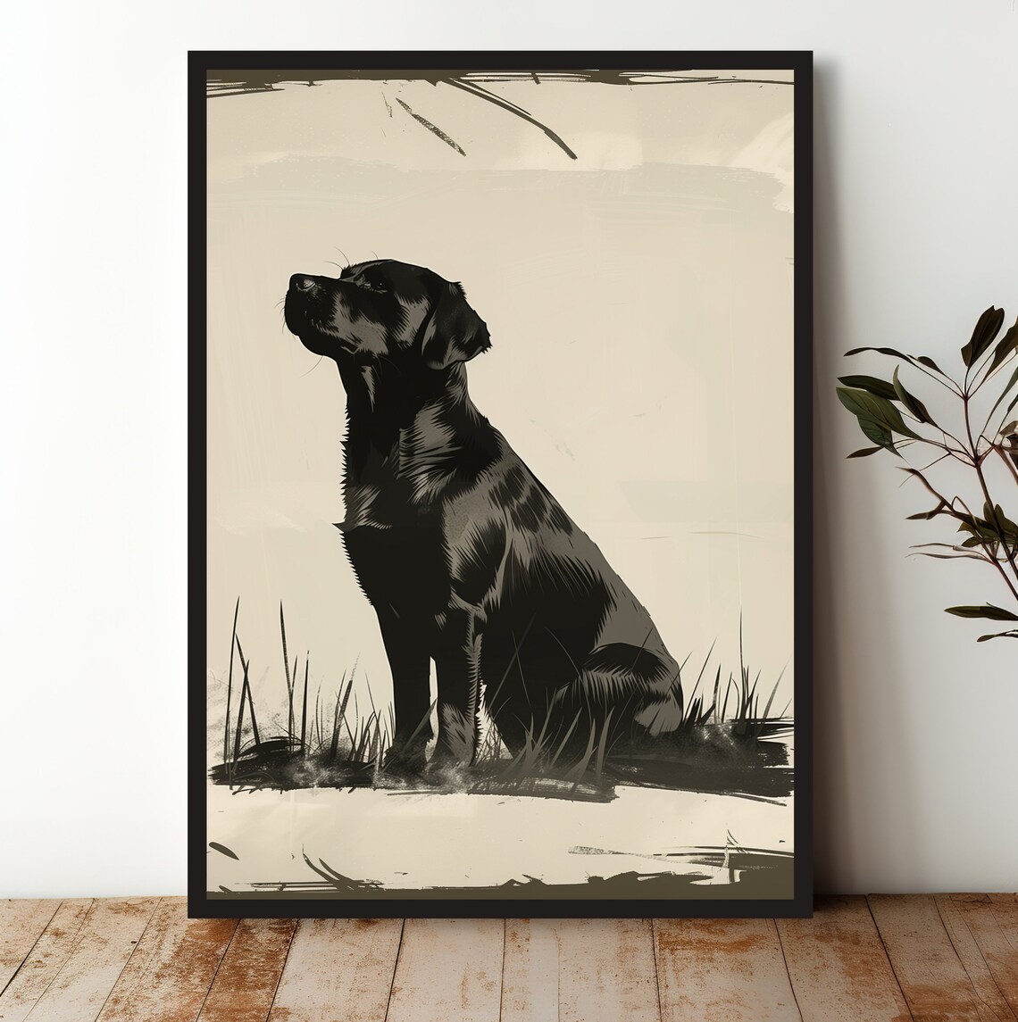 Black Labrador Retriever Ink Style Sitting Loyal Dog Art Print