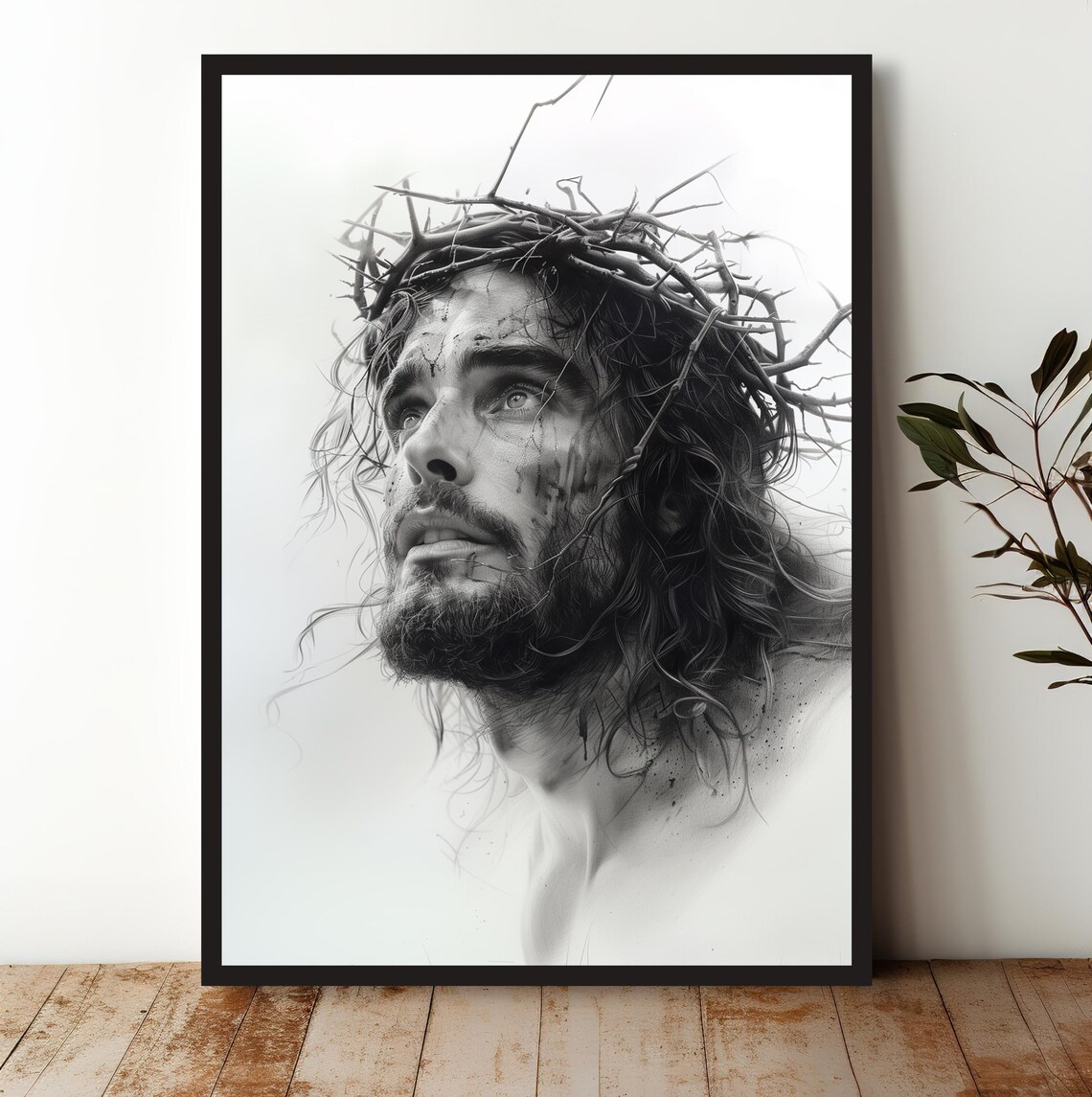 Jesus Christ Crown of Thorns Monochrome Portrait Devotional Art Poster