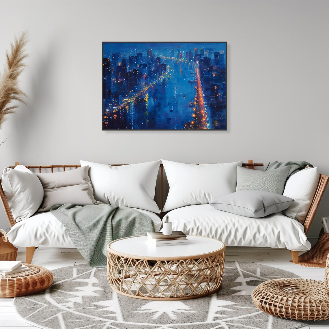 Blue City Night Skyline Glowing River Urban Nightscape Art Poster - Image 2