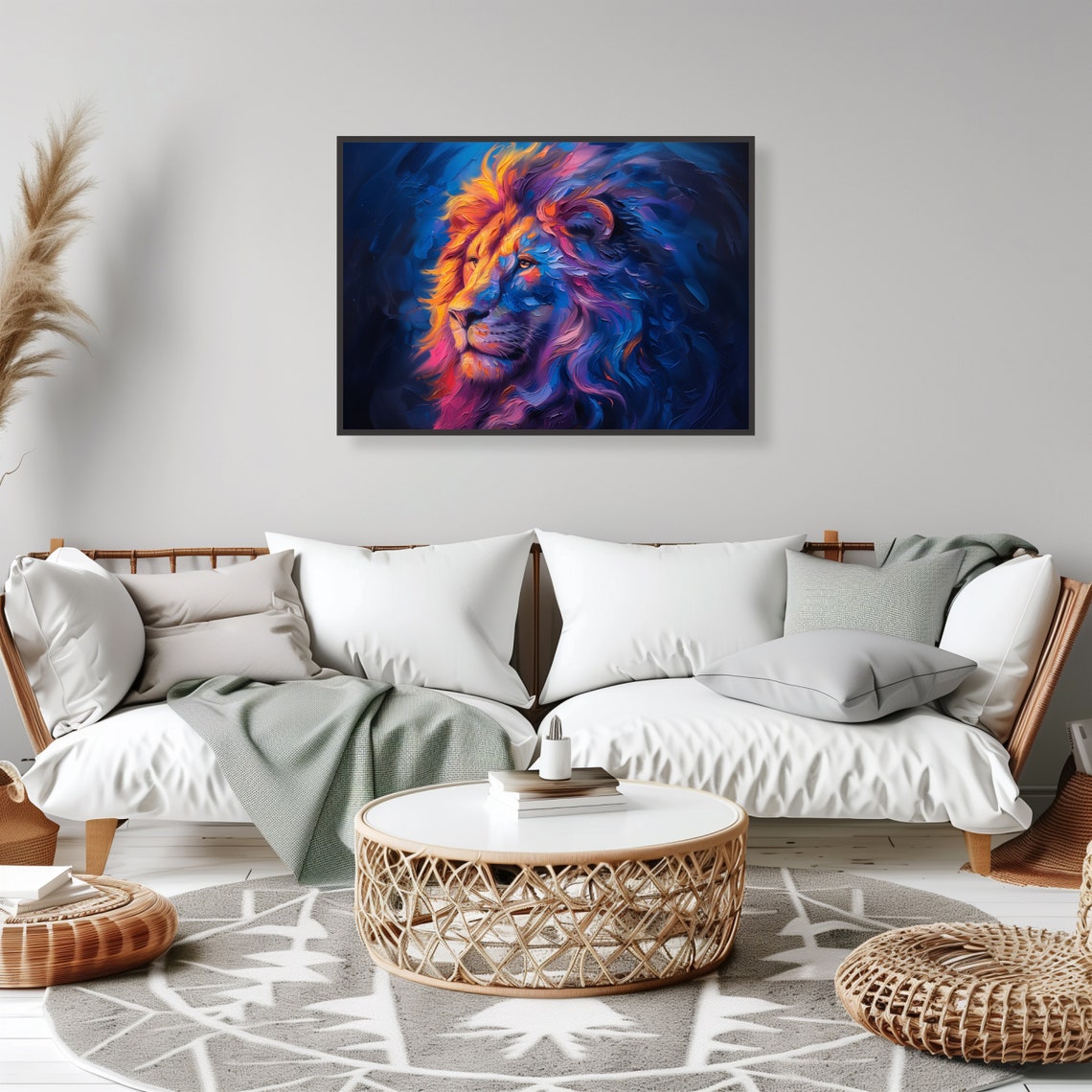 Majestic Lion Portrait Vibrant Blue Mane Abstract Oil Style Poster - Image 2